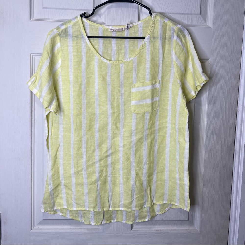 Christian Siriano Womens 100% Linen Striped Yellow Short Sleeve Blouse Sz M